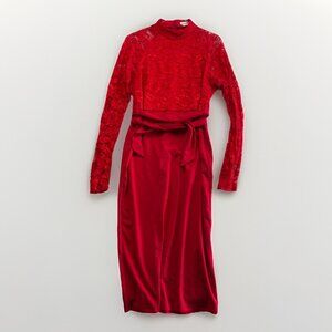 Lauren Taylor Red Sheer Lace Cocktail Tie Waist Dress Wom XL Romantic Valentine